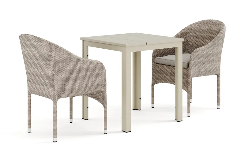 Tunis ulkokäyttöön kahvilasetti 70x70 cm, 2 Thor-nojatuolilla, Beige/Beige