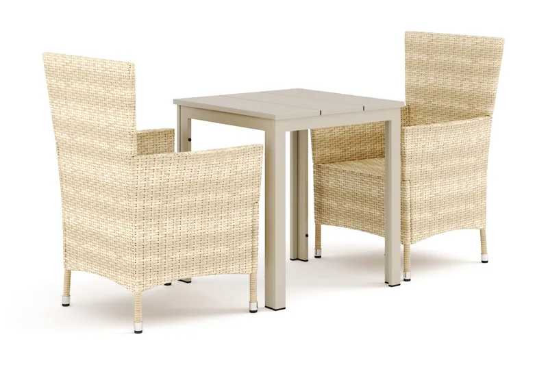 Tunis-ulkokäyttöön kahvilasetti 70x70 cm, 2 Thor-ulkonojatuolilla, Beige/Beige