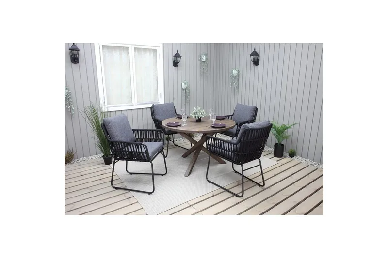 Ulkomöbeliryhmä Ø 112 cm pöytä & 4 Levanto harmaat tuolit Ruskea - Ruskea - Puutarhakalusteet - Ulkoryhmä - Ruokailuryhmät ulos