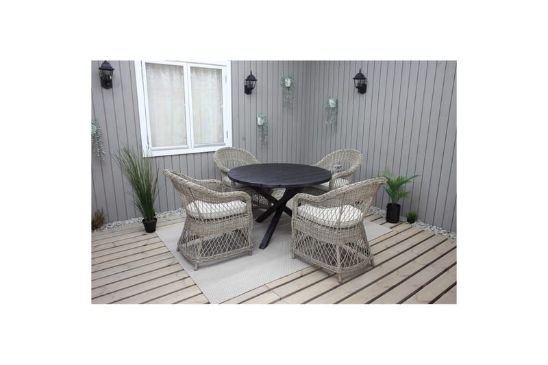 Ulkomöbeliryhmä Ø 112 cm pöytä & 4 Merida luonnonväriset tuolit Musta - Musta - Puutarhakalusteet - Ulkoryhmä - Ruokailuryhmät ulos