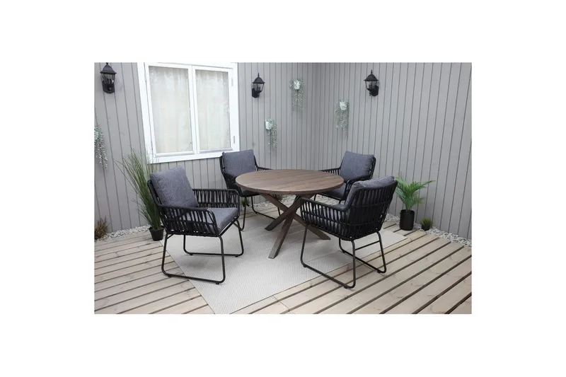 Ulkomöbeliryhmä Ø 112 cm pöytä & 4 Levanto harmaat tuolit Ruskea - Ruskea - Puutarhakalusteet - Ulkoryhmä - Ruokailuryhmät ulos