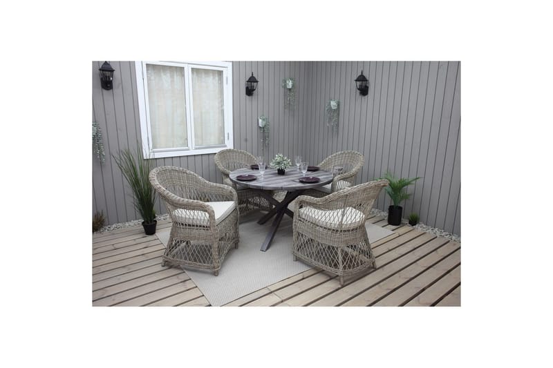 Ulkomöbeliryhmä Ø 112 cm pöytä & 4 Merida luonnonväriset tuolit Harmaa - Harmaa - Puutarhakalusteet - Ulkoryhmä - Ruokailuryhmät ulos