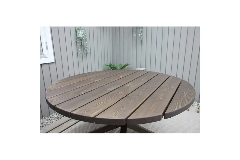 Ulkomöbeliryhmä Ø 112 cm pöytä & 4 Levanto harmaat tuolit Ruskea - Ruskea - Puutarhakalusteet - Ulkoryhmä - Ruokailuryhmät ulos