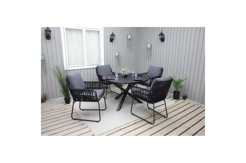 Ulkomöbeliryhmä Ø 112 cm pöytä & 4 Levanto harmaat tuolit Musta - Musta - Puutarhakalusteet - Ulkoryhmä - Ruokailuryhmät ulos