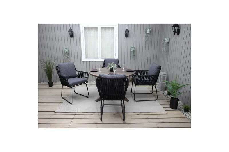 Ulkomöbeliryhmä Ø 112 cm pöytä & 4 Levanto harmaat tuolit Ruskea - Ruskea - Puutarhakalusteet - Ulkoryhmä - Ruokailuryhmät ulos