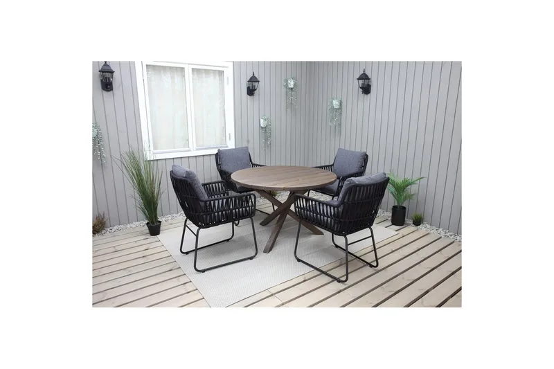 Ulkomöbeliryhmä Ø 112 cm pöytä & 4 Levanto harmaat tuolit Ruskea - Ruskea - Puutarhakalusteet - Ulkoryhmä - Ruokailuryhmät ulos