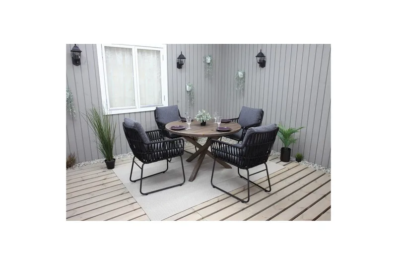 Ulkomöbeliryhmä Ø 112 cm pöytä & 4 Levanto harmaat tuolit Ruskea - Ruskea - Puutarhakalusteet - Ulkoryhmä - Ruokailuryhmät ulos
