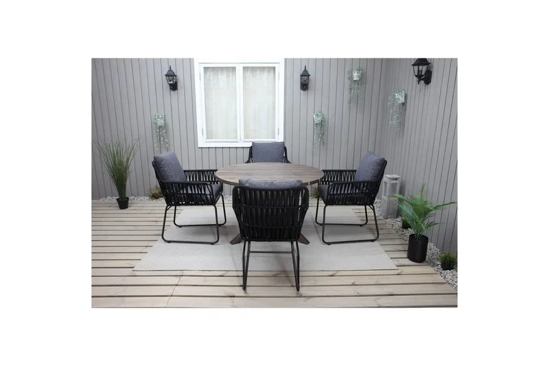 Ulkomöbeliryhmä Ø 112 cm pöytä & 4 Levanto harmaat tuolit Ruskea - Ruskea - Puutarhakalusteet - Ulkoryhmä - Ruokailuryhmät ulos