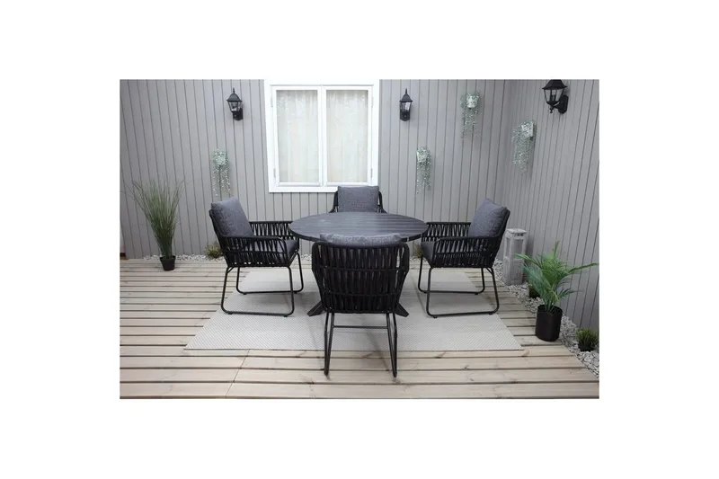 Ulkomöbeliryhmä Ø 112 cm pöytä & 4 Levanto harmaat tuolit Musta - Musta - Puutarhakalusteet - Ulkoryhmä - Ruokailuryhmät ulos