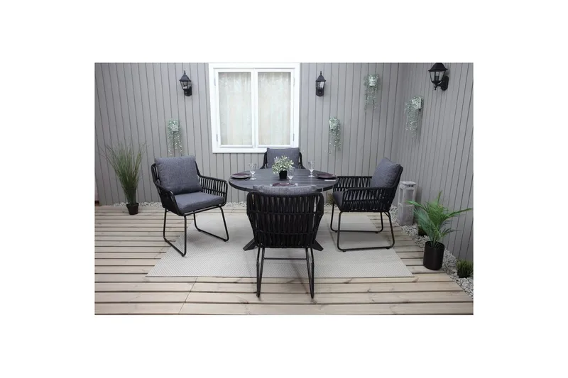 Ulkomöbeliryhmä Ø 112 cm pöytä & 4 Levanto harmaat tuolit Musta - Musta - Puutarhakalusteet - Ulkoryhmä - Ruokailuryhmät ulos