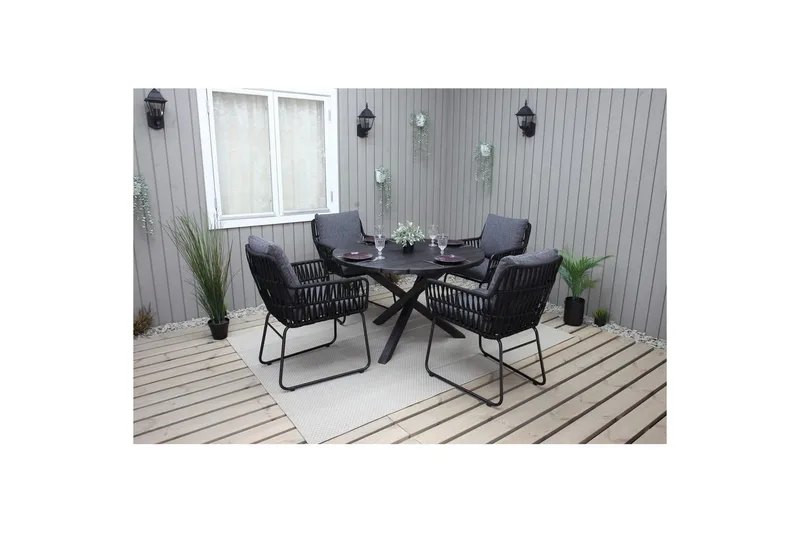 Ulkomöbeliryhmä Ø 112 cm pöytä & 4 Levanto harmaat tuolit Musta - Musta - Puutarhakalusteet - Ulkoryhmä - Ruokailuryhmät ulos