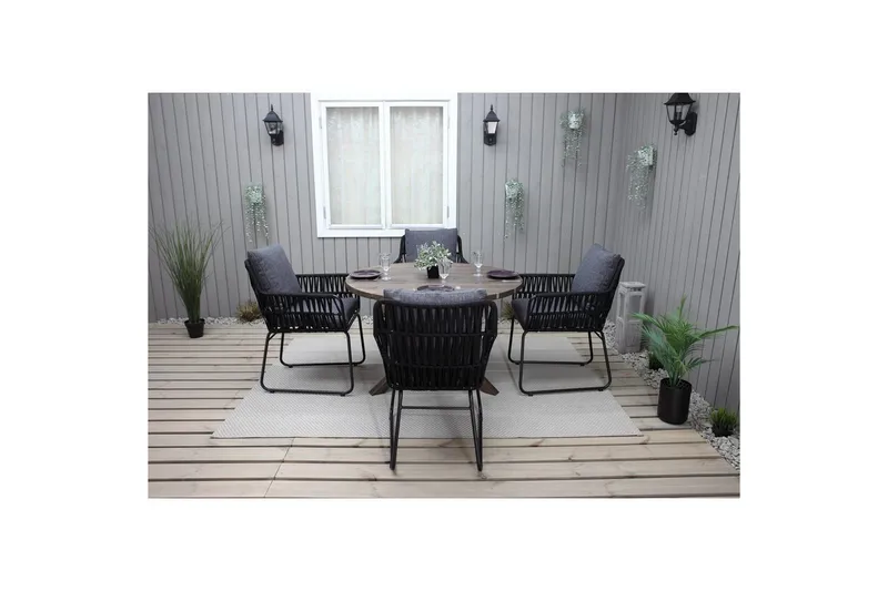 Ulkomöbeliryhmä Ø 112 cm pöytä & 4 Levanto harmaat tuolit Ruskea - Ruskea - Puutarhakalusteet - Ulkoryhmä - Ruokailuryhmät ulos