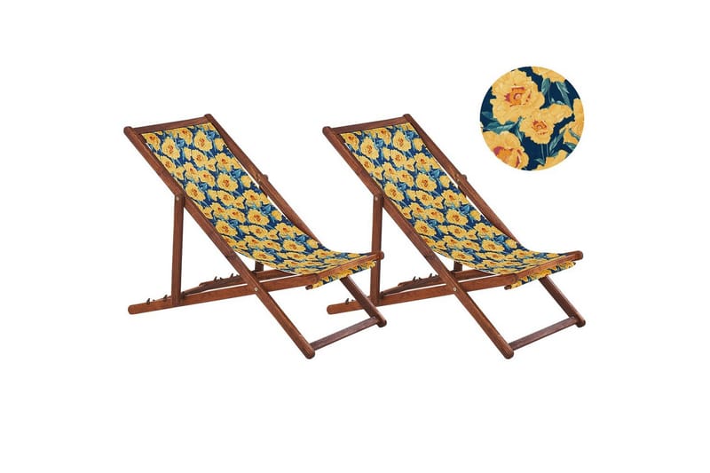 2 kappaletta aurinkotuoleja Anzio, tumma puu/off-white/keltainen kukkakuvio