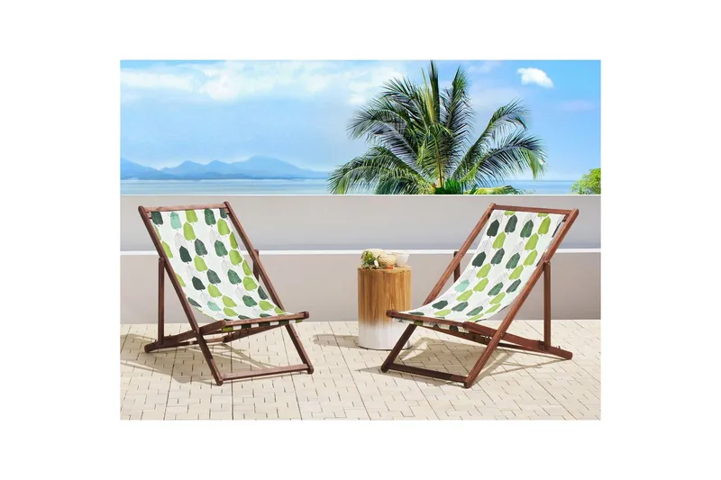 2 kappaletta aurinkotuoleja Anzio - tumma puu/off-white/vihreä lehtikuvio - Puutarhakalusteet - Puutarhatuoli - Aurinkotuoli