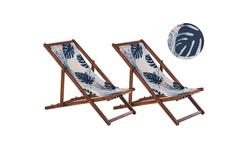 2 kappaletta aurinkotuoleja Anzio, tumma puu/off-white/sininen palmulehtikuvio