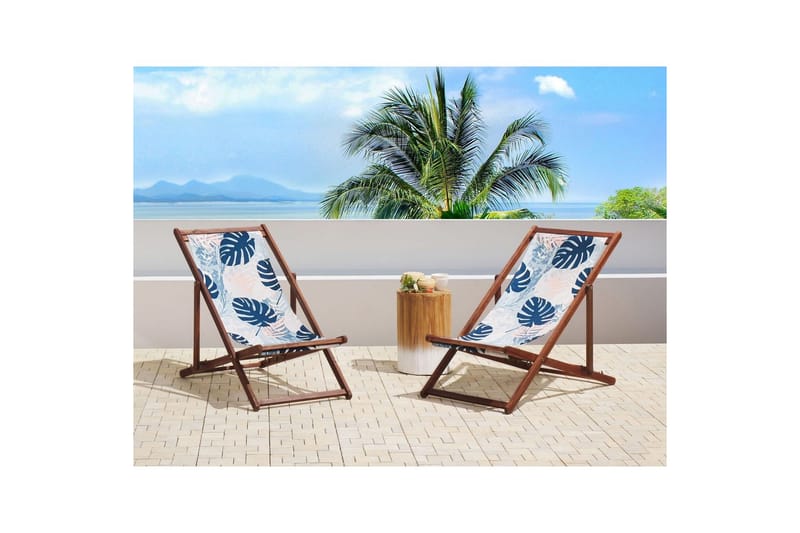 2 kappaletta aurinkotuoleja Anzio - tumma puu/off-white/sininen palmulehtikuvio - Puutarhakalusteet - Puutarhatuoli - Aurinkotuoli
