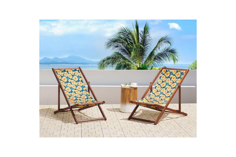 2 kappaletta aurinkotuoleja Anzio - tumma puu/off-white/keltainen kukkakuvio - Puutarhakalusteet - Puutarhatuoli - Aurinkotuoli