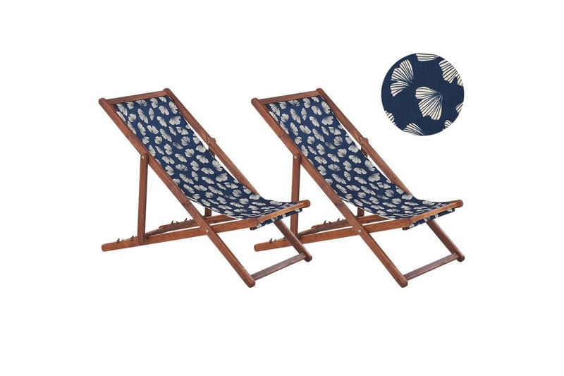 2 kappaletta aurinkotuoleja Anzio, tumma puu/off-white/laivastonsininen kukkakuvio