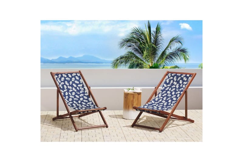 2 kappaletta aurinkotuoleja Anzio - tumma puu/off-white/laivastonsininen kukkakuvio - Puutarhakalusteet - Puutarhatuoli - Aurinkotuoli