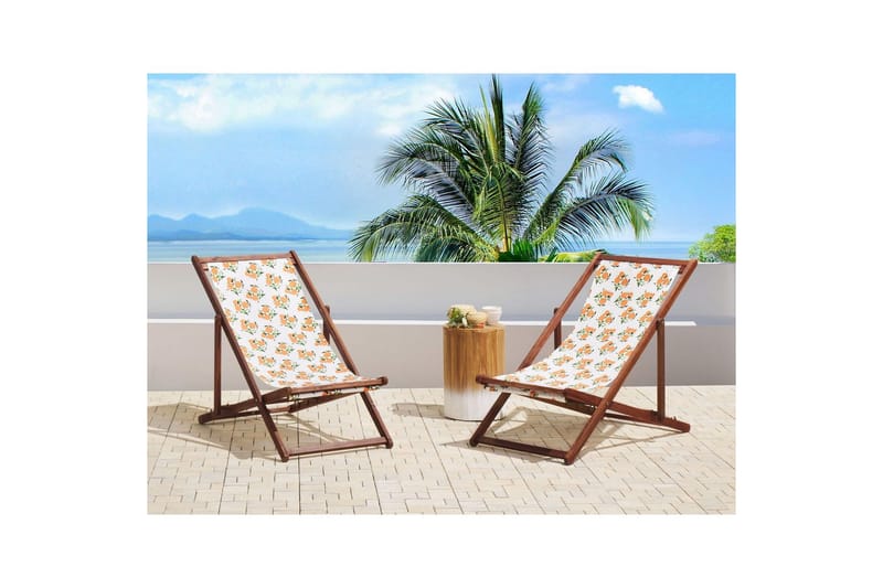 2 kappaletta aurinkotuoleja Anzio - tumma puu/off-white/appelsiinikuvio - Puutarhakalusteet - Puutarhatuoli - Aurinkotuoli