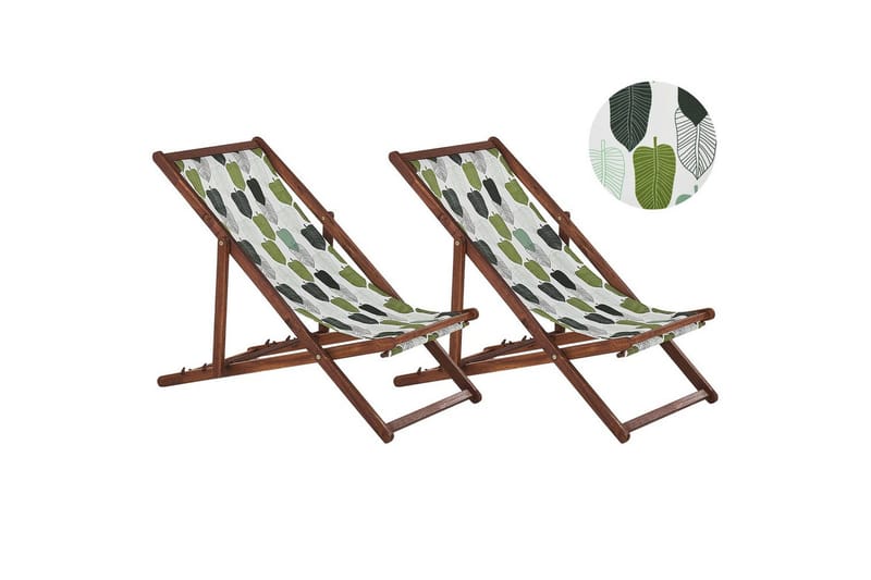 2 kappaletta aurinkotuoleja Anzio - tumma puu/off-white/vihreä lehtikuvio - Puutarhakalusteet - Puutarhatuoli - Aurinkotuoli