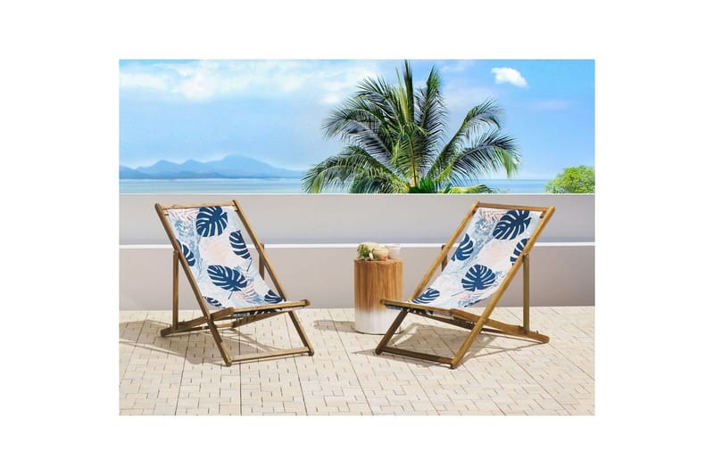 2 kappaletta aurinkotuoleja Anzio - vaalea puu/off-white/siniset palmunlehtikuviot - Puutarhakalusteet - Puutarhatuoli - Aurinkotuoli