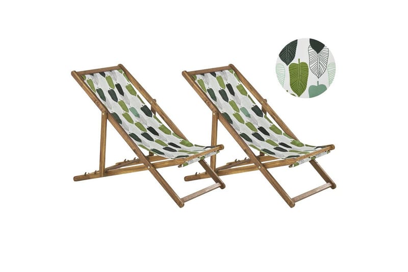 2 kappaletta aurinkotuoleja Anzio - vaalea puu/off-white/vihreät lehtikuviot - Puutarhakalusteet - Puutarhatuoli - Aurinkotuoli