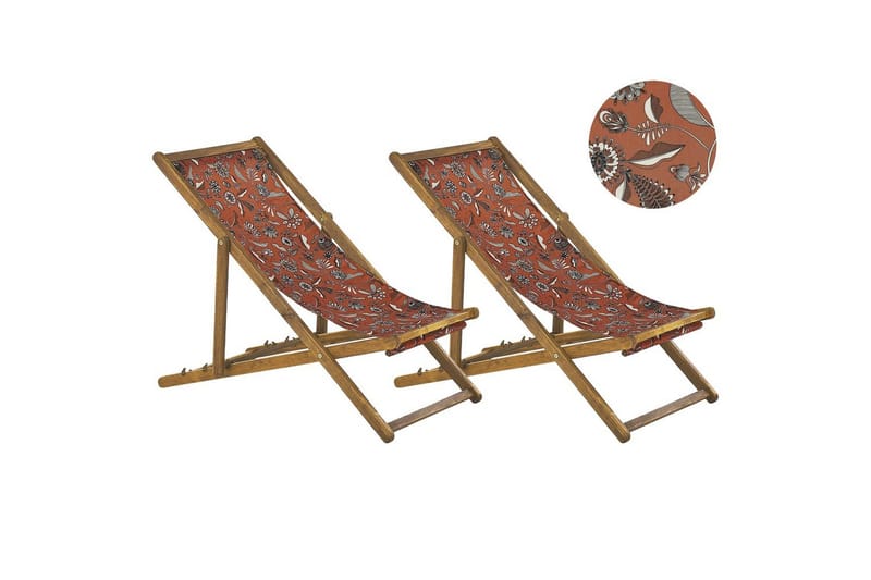 2 kappaletta aurinkotuoleja Anzio - vaalea puu/off-white/punainen kukkakuvio - Puutarhakalusteet - Puutarhatuoli - Aurinkotuoli