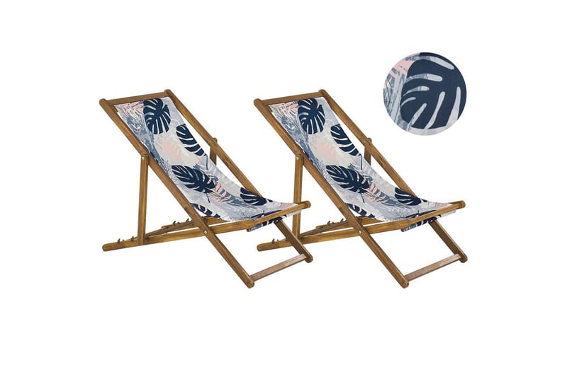2 kappaletta aurinkotuoleja Anzio, vaalea puu/off-white/siniset palmunlehtikuviot
