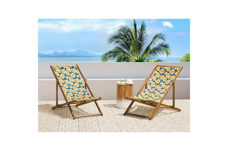 2 kappaletta aurinkotuoleja Anzio - vaalea puu/off-white/keltainen kukallinen kuvio - Puutarhakalusteet - Puutarhatuoli - Aurinkotuoli