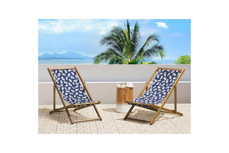 2 kappaletta aurinkotuoleja Anzio - vaalea puu/off-white/tummansininen kukkakuvio - Puutarhakalusteet - Puutarhatuoli - Aurinkotuoli
