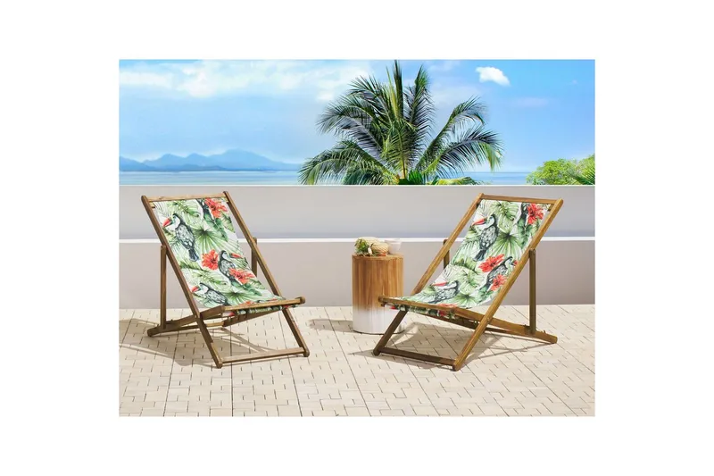 2 kappaletta aurinkotuoleja Anzio - vaalea puu/off-white tukaanikuviot - Puutarhakalusteet - Puutarhatuoli - Aurinkotuoli