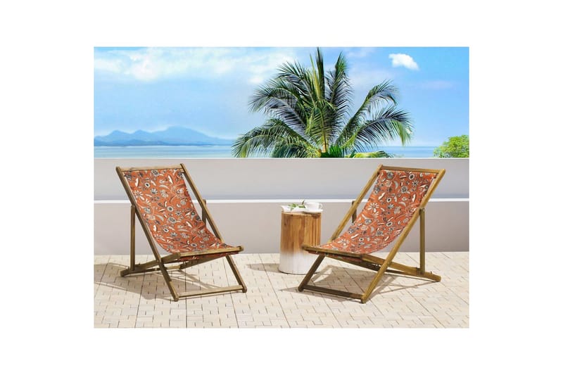 2 kappaletta aurinkotuoleja Anzio - vaalea puu/off-white/punainen kukkakuvio - Puutarhakalusteet - Puutarhatuoli - Aurinkotuoli