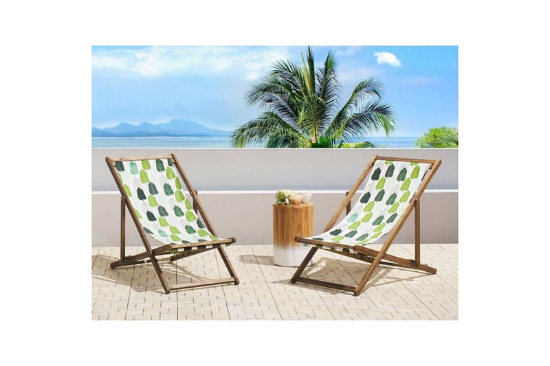 2 kappaletta aurinkotuoleja Anzio - vaalea puu/off-white/vihreät lehtikuviot - Puutarhakalusteet - Puutarhatuoli - Aurinkotuoli