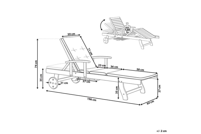 Auringonottovuode Toscana - Tumma puu, sininen, beige - Puutarhakalusteet - Puutarhatuoli - Aurinkosänky & aurinkovaunu