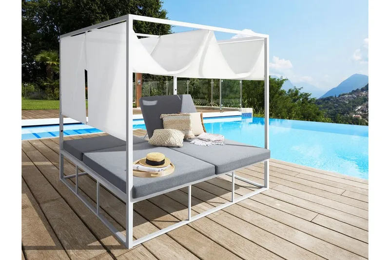 Aurinkosänky Pallanza katoksella Valkoinen/Harmaa - Puutarhakalusteet - Terassiryhmät - Aurinkovuode