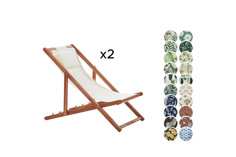 Aurinkotuolisetti 2 Avellino - Valkoinen, tumma puu, monivärinen - Puutarhakalusteet - Puutarhatuoli - Aurinkotuoli