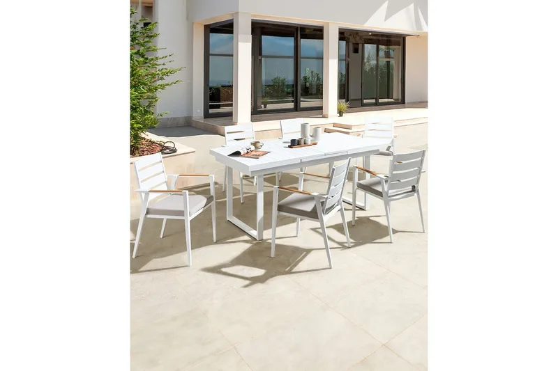 Puutarhatuolien sarja, 6 kpl Taviano - Valkoinen, harmaa, vaalea puu - Puutarhakalusteet - Puutarhatuoli - Karmituoli ulos