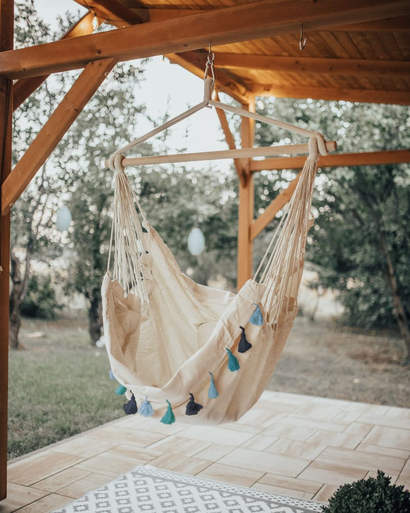 Riipputuoli ulos Varena Puuvilla - Beige/Sininen - Puutarhakalusteet - Puutarhatuoli - Riipputuoli