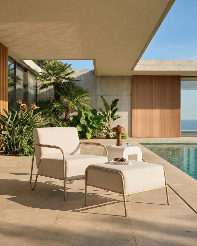 Tuoli ulos Nimis jalkarahilla - Beige - Puutarhakalusteet - Puutarhatuoli - Ulkotilan nojatuolit