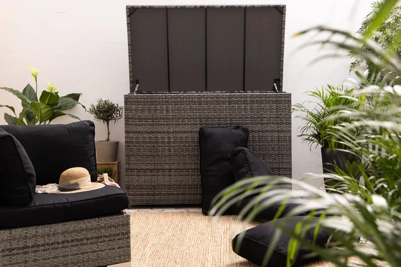 Gigant vedenpitävä XL-tyynysäilytyslaatikko ulkokäyttöön – Polyrottinkinen säilytyslaatikko (L150xS90xK101 cm) - Harmaa - Puutarhakalusteet - Säilytyslaatikot & kalustesuojat - Säilytyslaatikot ulos