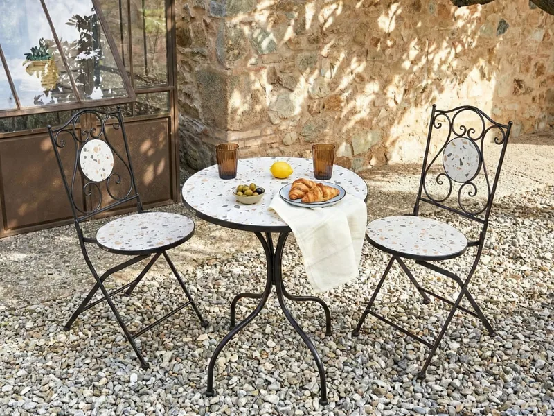 Bistropöytä ulos Artena 60 cm terrazzoefekti Rauta - Musta/Valkoinen - Puutarhakalusteet - Terassipöydät - Kahvilapöytä