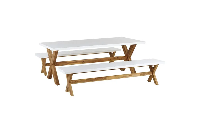 Matsalsset Beliani Olbia med bänkar 6-Sits White||Light wood, undefined