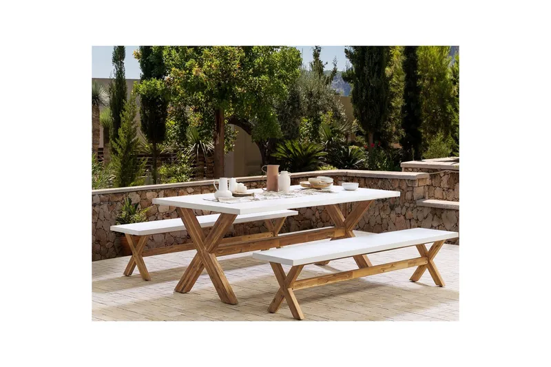 Matsalsset Beliani Olbia med bänkar 6-Sits White||Light wood - Puutarhakalusteet - Ulkoryhmä - Ruokailuryhmät ulos