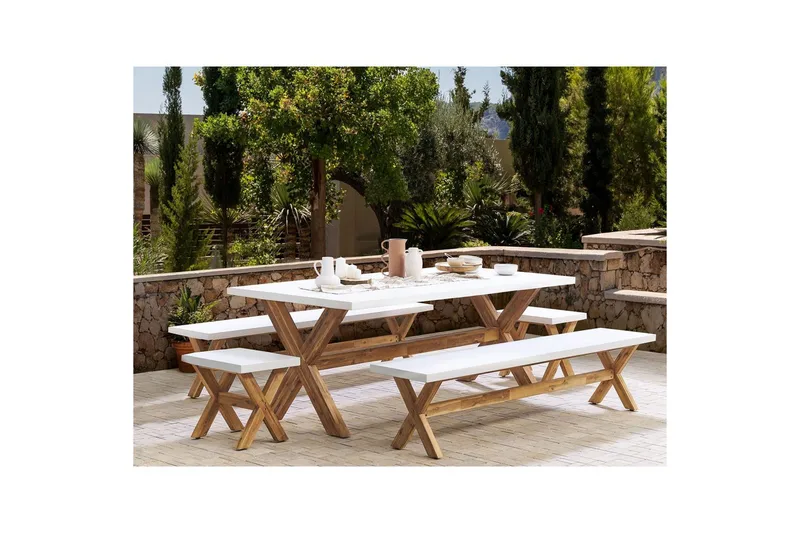 Matsalsset Beliani Olbia med bänkar 8-Sits White||Light wood - Puutarhakalusteet - Ulkoryhmä - Ruokailuryhmät ulos