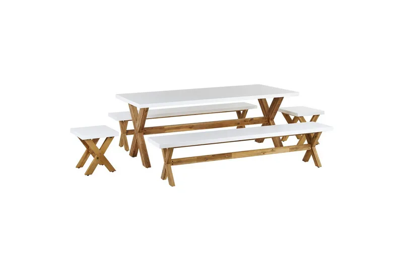 Matsalsset Beliani Olbia med bänkar 8-Sits White||Light wood, undefined