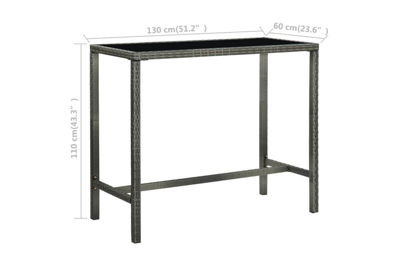 Puutarhan baaripöytä harmaa130x60x110cm polyrottinki ja lasi - Puutarhakalusteet - Terassipöydät - Ruokapöytä terassille