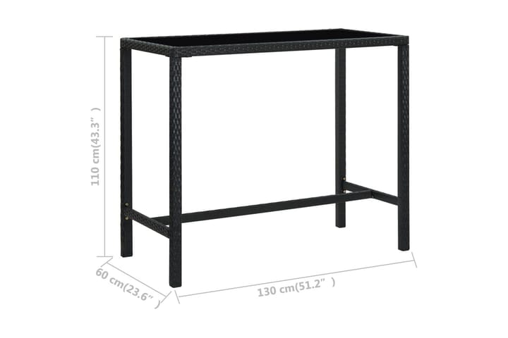 Puutarhan baaripöytä musta 130x60x110cm polyrottinki ja lasi - Ruokapöytä terassille