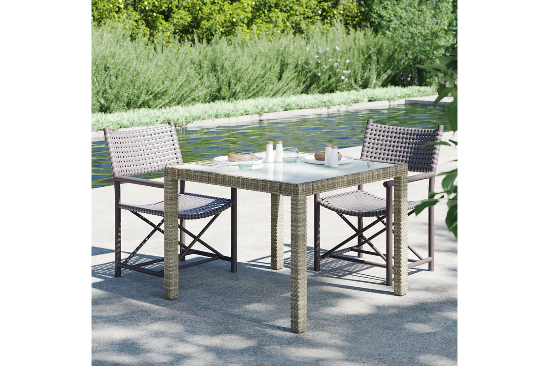 Puutarhapöytä 90x90x75 cm karkaistu lasi ja polyrottinki har - Harmaa - Puutarhakalusteet - Terassipöydät - Ruokapöytä terassille