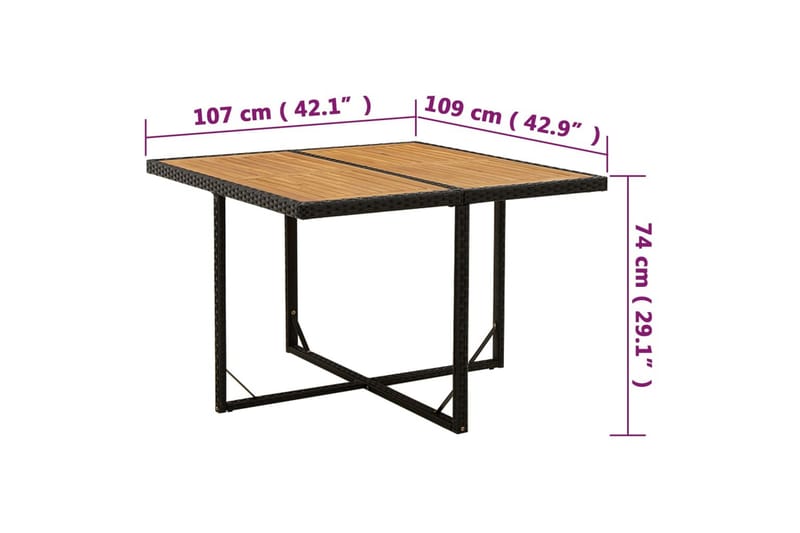 Puutarhapöytä musta 109x107x74 cm polyrottinki ja täysi akaa - Musta - Ruokapöytä terassille